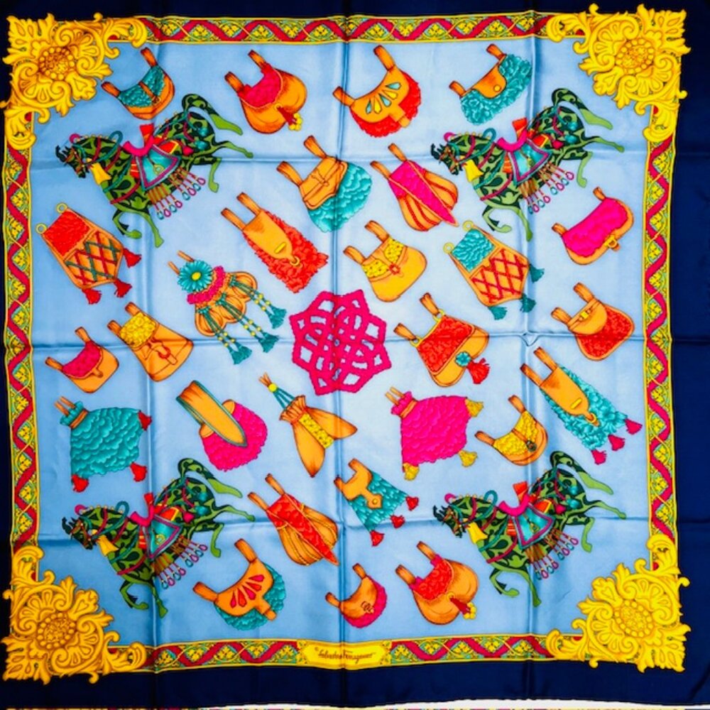 Salvatore Ferragamo Silk Scarf Satin blue gold green pink Carousel hourse (42) - Picture 7 of 9